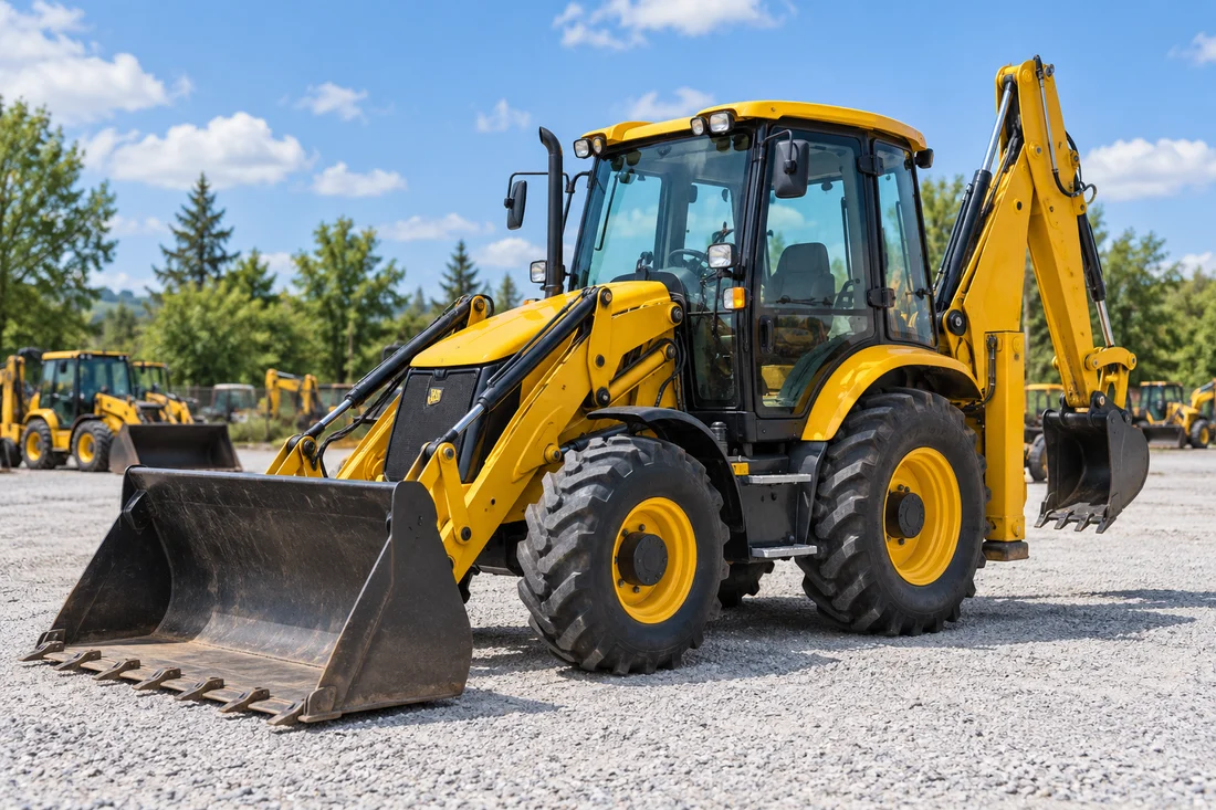 Buldoexcavator galben într-un parc de utilaje